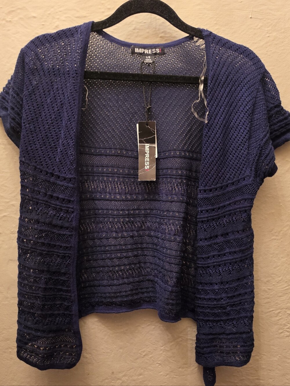 NWT Impress Navy Crochet Open Knit Short Sleeve Cardigan Size L